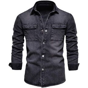 Mens Denim Shirt Solid Color Thick Long Sleeve Button Down Shirt Spring Autumn Jeans Shirt in Saudi Arabia