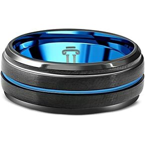 Men's Black & Blue Tungsten Ring Brushed Beveled Step Cut Wedding Band in Saudi Arabia
