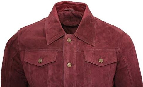 Men's Trucker Casual Burgundy Goat Suede Leather Shirt Jeans Jacke in Kuwait