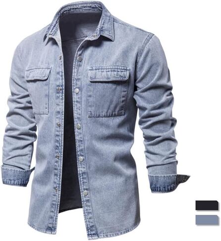 Mens Denim Shirt Solid Color Thick Long Sleeve Button Down Shirt Spring Autumn Jeans Shirt in Saudi Arabia