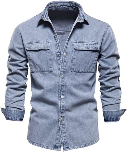 Mens Denim Shirt Solid Color Thick Long Sleeve Button Down Shirt Spring Autumn Jeans Shirt in Saudi Arabia