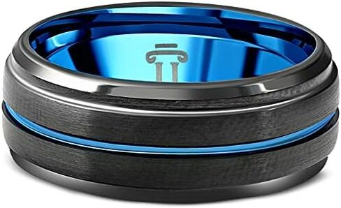 Men's Black & Blue Tungsten Ring Brushed Beveled Step Cut Wedding Band in Saudi Arabia