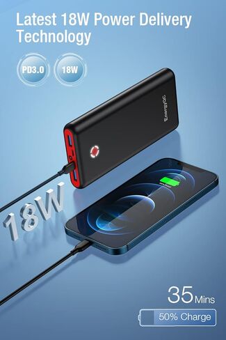 شاحن محمول EnergyQC Pilot X7، بنك طاقة سريع الشحن بقدرة 20000 مللي أمبير في الساعة 18 وات PD، حزمة بطارية إدخال/إخراج USB C مع مصباح يدوي LED لهاتف iPhone وSamsung والمزيد - أسود + أحمر in Kuwait