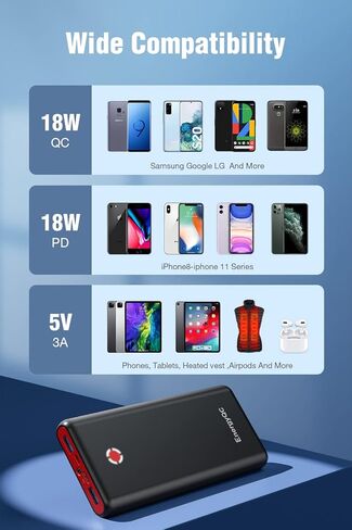 شاحن محمول EnergyQC Pilot X7، بنك طاقة سريع الشحن بقدرة 20000 مللي أمبير في الساعة 18 وات PD، حزمة بطارية إدخال/إخراج USB C مع مصباح يدوي LED لهاتف iPhone وSamsung والمزيد - أسود + أحمر in Kuwait