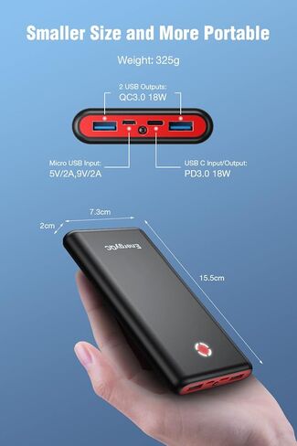 شاحن محمول EnergyQC Pilot X7، بنك طاقة سريع الشحن بقدرة 20000 مللي أمبير في الساعة 18 وات PD، حزمة بطارية إدخال/إخراج USB C مع مصباح يدوي LED لهاتف iPhone وSamsung والمزيد - أسود + أحمر in Kuwait