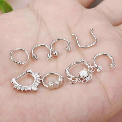 ORAZIO 2-8PCS 16G Stainless Steel Nose Ring Septum Hoop Opal Body Piercing Clicker Ring in Saudi Arabia