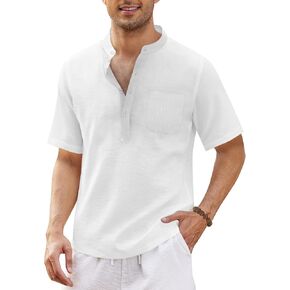 COOFANDY Men's Cotton Linen Henley Shirt Short Sleeve Hippie Casual Beach T Shirts with Pocket in Saudi Arabia