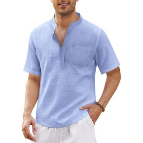 COOFANDY Men's Cotton Linen Henley Shirt Short Sleeve Hippie Casual Beach T Shirts with Pocket in Kuwait