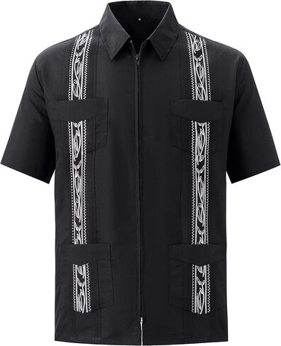قمصان MAXJON للرجال بأكمام قصيرة كوبية Guayabera بسحاب أمامي كامل وقميص هاواي المكسيكي مع جيب in Kuwait