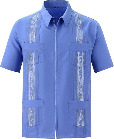 قمصان MAXJON للرجال بأكمام قصيرة كوبية Guayabera بسحاب أمامي كامل وقميص هاواي المكسيكي مع جيب in Kuwait