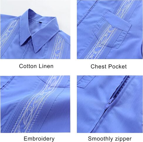 قمصان MAXJON للرجال بأكمام قصيرة كوبية Guayabera بسحاب أمامي كامل وقميص هاواي المكسيكي مع جيب in Kuwait