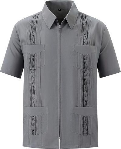 قمصان MAXJON للرجال بأكمام قصيرة كوبية Guayabera بسحاب أمامي كامل وقميص هاواي المكسيكي مع جيب in Kuwait