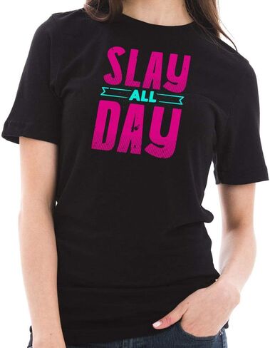 Slay All Day Phrase Graphic Design Short Sleeve Cotton Jersey T-Shirt in Saudi Arabia