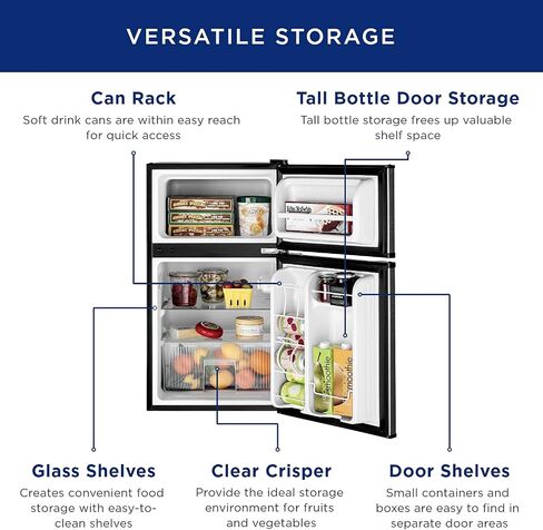 GE Mini Fridge With Freezer | 3.1 Cubic Ft. | Double-Door Design With Glass Shelves, Crisper Drawer & Spacious Freezer | Small Refrigerator Perfect for the Garage, Dorm Room, or Bedroom | Black in Saudi Arabia