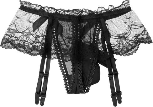 Moily Men's Frilly Ruffled Lace Bikini Briefs Sissy Pouch Trunks Underwear with Garters Belts in Kuwait