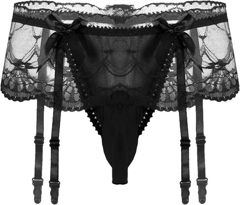 Moily Men's Frilly Ruffled Lace Bikini Briefs Sissy Pouch Trunks Underwear with Garters Belts in Kuwait