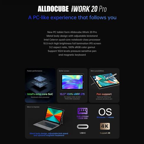 تابلت ويندوز 11 من اول كيوب بشاشة لمس 2 في 1 قابلة للفصل، انتل سيليرون N4120، ذاكرة RAM 8GB، SSD 128GB، 10.5 انش FHD IPS 1920x1280، واي فاي 2.4G+5G، بلوتوث، نوع C، HDMI in Kuwait