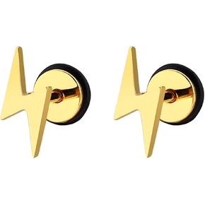 YUNXI Unisex Screw Flat Back Lightning Bolt Stud Earring for women men High Polished Surgical Steel Plated Gold Silver Sterling Silver