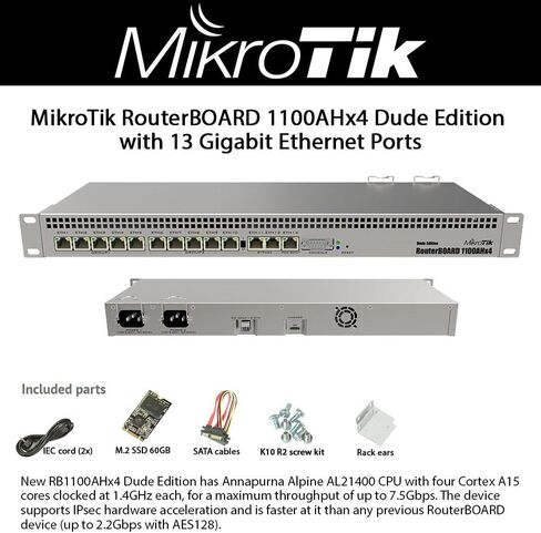 MikroTik RouterBOARD RB1100AHx4 Dude 13-Port Gigabit Router Dude Edition - 1U Rackmount - 60GB M.2 Drive in Saudi Arabia