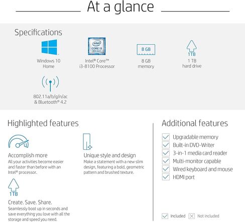 HP Pavilion Desktop Computer, Intel Core i3-8100, 8GB RAM, 1TB hard drive, Windows 10 (590-p0030, Silver) in Saudi Arabia