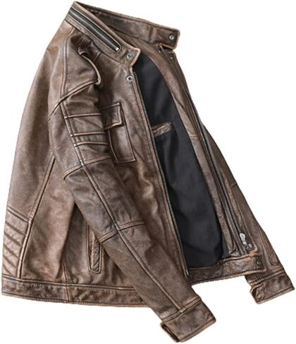 Mens Cafe Racer Jacket - Distressed Leather Jacket Men - Vintage Brown Leather Jacket - Genuine Lambskin Biker Jacket in Saudi Arabia