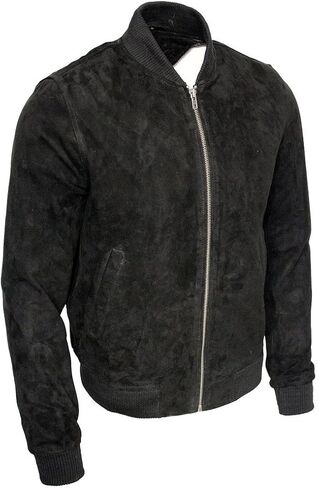 Mens Retro Black Goat Suede Leather Bomber Varsity Jacket in Saudi Arabia