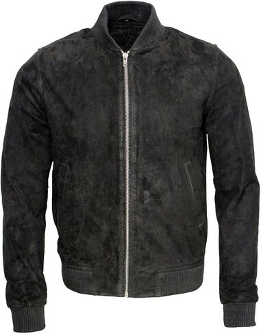 Mens Retro Black Goat Suede Leather Bomber Varsity Jacket in Saudi Arabia