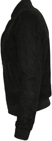 Mens Retro Black Goat Suede Leather Bomber Varsity Jacket in Saudi Arabia