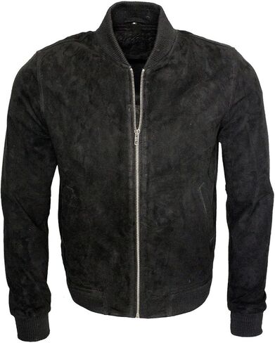 Mens Retro Black Goat Suede Leather Bomber Varsity Jacket in Saudi Arabia