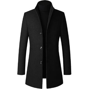 Mens Trench Coat Wool Blend Single Breasted Casual Slim Fit Fall Winter Overcoat Warm Thicken Classic Stand Collar Long Coat in Kuwait