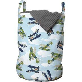 Lunarable Airplane Laundry Bag, Vintage Allied Plane Flying Pattern Cartoon Shark Teeth, Hamper Basket with Handles Drawstring Closure for Laundromats, 13" x 19", Blue White Olive Green in Saudi Arabia