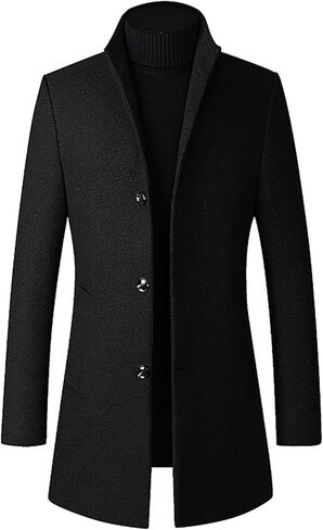 Mens Trench Coat Wool Blend Single Breasted Casual Slim Fit Fall Winter Overcoat Warm Thicken Classic Stand Collar Long Coat in Kuwait