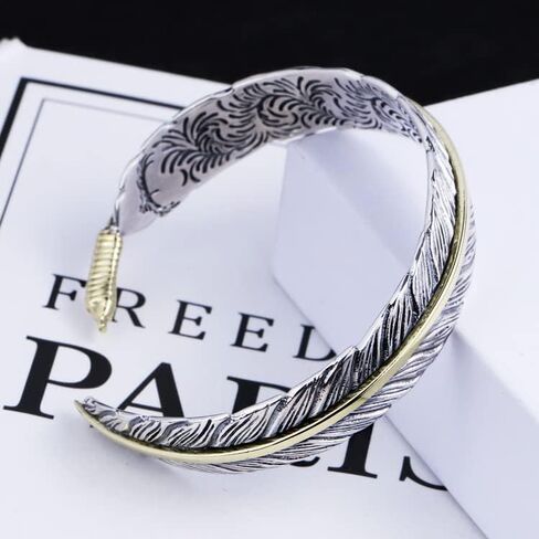 RPY&YT Mens Womens S925 Sterling Silver Feather Cuff Bracelet, Gothic Punk Design Feather Adjustable Charm Bracelet in Saudi Arabia