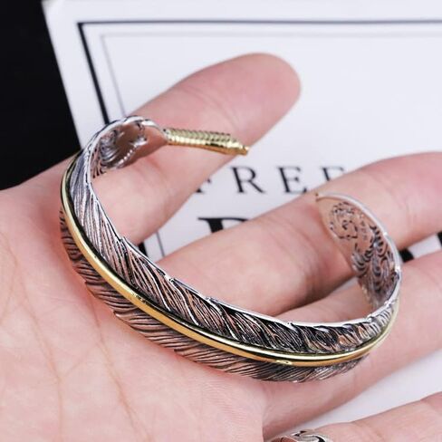 RPY&YT Mens Womens S925 Sterling Silver Feather Cuff Bracelet, Gothic Punk Design Feather Adjustable Charm Bracelet in Saudi Arabia