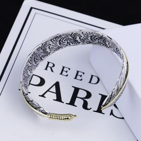 RPY&YT Mens Womens S925 Sterling Silver Feather Cuff Bracelet, Gothic Punk Design Feather Adjustable Charm Bracelet in Saudi Arabia