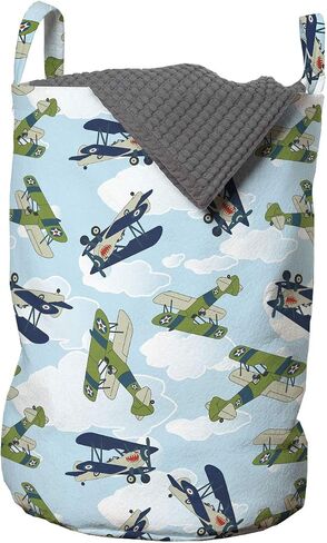 Lunarable Airplane Laundry Bag, Vintage Allied Plane Flying Pattern Cartoon Shark Teeth, Hamper Basket with Handles Drawstring Closure for Laundromats, 13" x 19", Blue White Olive Green in Saudi Arabia