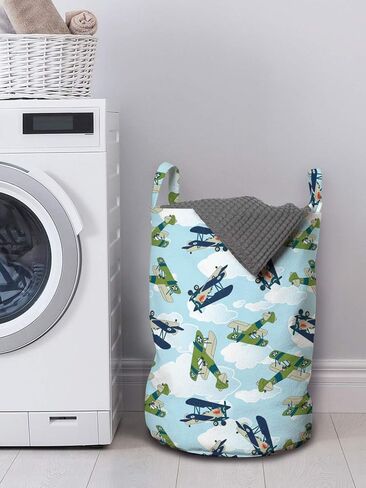 Lunarable Airplane Laundry Bag, Vintage Allied Plane Flying Pattern Cartoon Shark Teeth, Hamper Basket with Handles Drawstring Closure for Laundromats, 13" x 19", Blue White Olive Green in Saudi Arabia