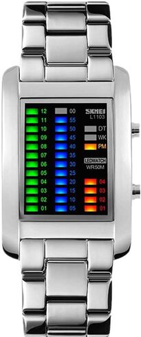 Men's Creative Binary Matrix Blue LED Digital Waterproof Watch Stainless Steel Military Silver Watches in Saudi Arabia