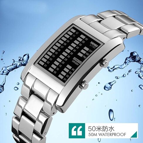 Men's Creative Binary Matrix Blue LED Digital Waterproof Watch Stainless Steel Military Silver Watches in Saudi Arabia