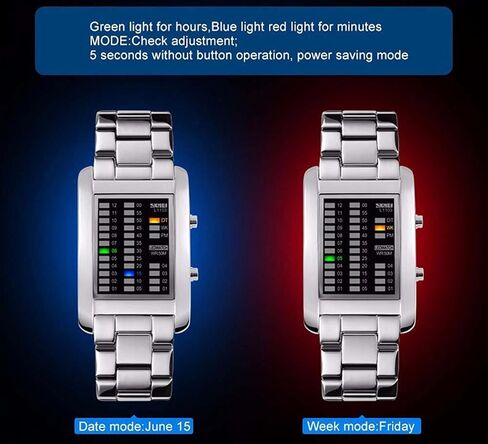 Men's Creative Binary Matrix Blue LED Digital Waterproof Watch Stainless Steel Military Silver Watches in Saudi Arabia