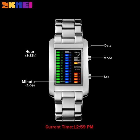 Men's Creative Binary Matrix Blue LED Digital Waterproof Watch Stainless Steel Military Silver Watches in Saudi Arabia