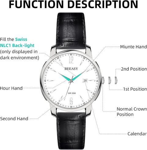 Beeasy Men Leisure Analog Watch with Calendar, Sliver Stainless Steel Case Bussiness Watch with 42mm Genuine Black Leather Band Waches of Chronograph Watches for Men in Saudi Arabia