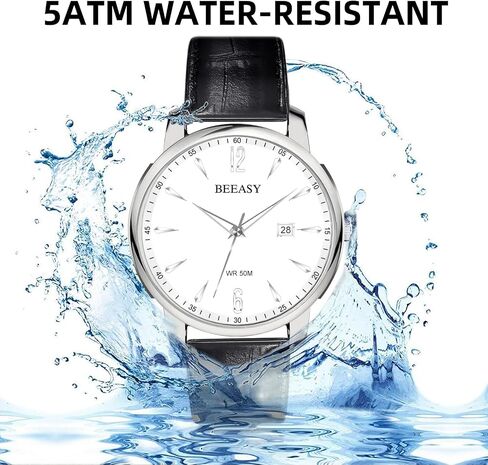 Beeasy Men Leisure Analog Watch with Calendar, Sliver Stainless Steel Case Bussiness Watch with 42mm Genuine Black Leather Band Waches of Chronograph Watches for Men in Saudi Arabia
