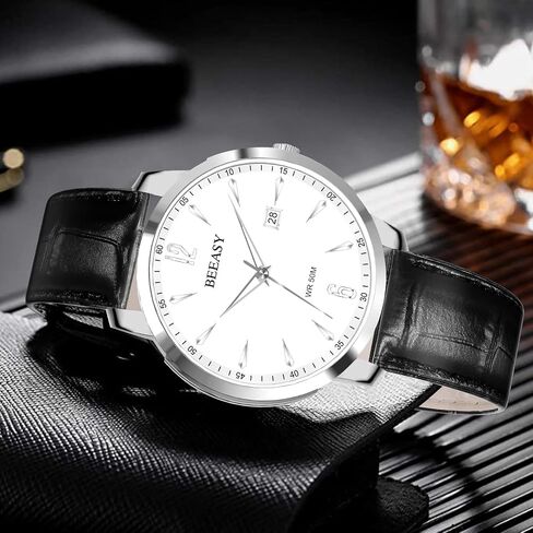 Beeasy Men Leisure Analog Watch with Calendar, Sliver Stainless Steel Case Bussiness Watch with 42mm Genuine Black Leather Band Waches of Chronograph Watches for Men in Saudi Arabia