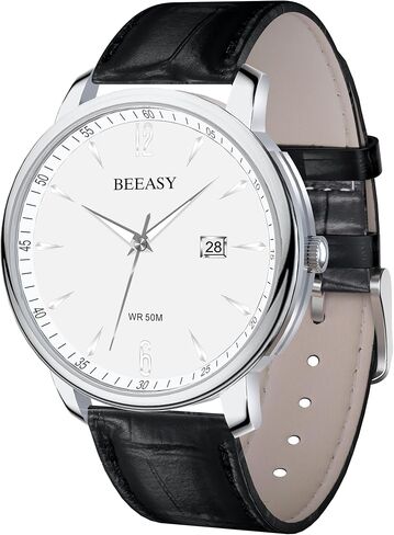 Beeasy Men Leisure Analog Watch with Calendar, Sliver Stainless Steel Case Bussiness Watch with 42mm Genuine Black Leather Band Waches of Chronograph Watches for Men in Saudi Arabia