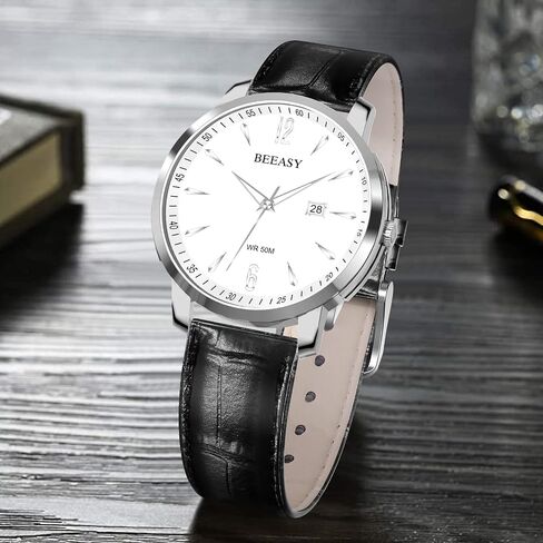 Beeasy Men Leisure Analog Watch with Calendar, Sliver Stainless Steel Case Bussiness Watch with 42mm Genuine Black Leather Band Waches of Chronograph Watches for Men in Saudi Arabia