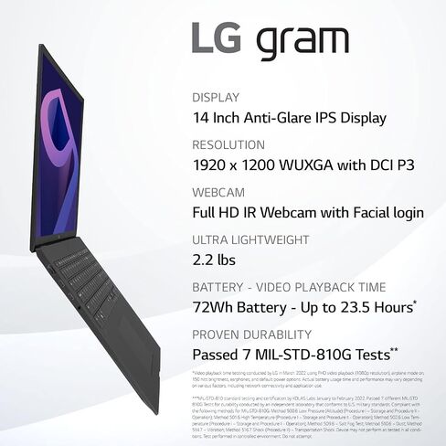 LG gram (2022) 14Z90Q كمبيوتر محمول خفيف الوزن للغاية، شاشة 14 بوصة (1920 × 1200) IPS، معالج Intel Evo الجيل الثاني عشر i7 1260P، 16 جيجابايت LPDDR5، 512 جيجابايت NVMe SSD، كاميرا ويب FHD، WiFi 6E، Thunderbolt 4، Windows 11، رمادي in Kuwait