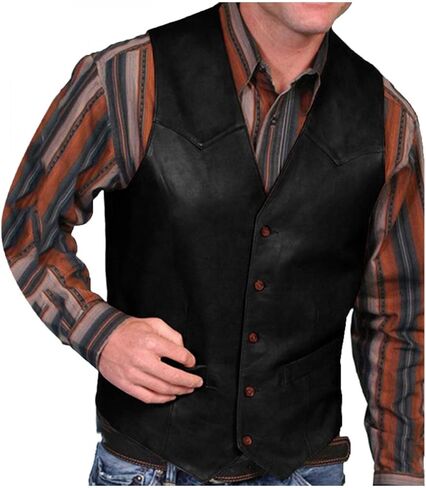 Vintage Leather Vest for Men Casual V Neck Button Down Waistcoat Slim Fit Western Cowboy Vest Sleeveless Jacket Winter in Kuwait