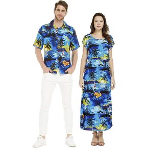 Couple Matching Hawaiian Luau Shirt Cap Sleeve Maxi Dress in Hibiscus Blue in Saudi Arabia