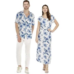 Couple Matching Hawaiian Luau Shirt Cap Sleeve Maxi Dress in Hibiscus Blue in Saudi Arabia
